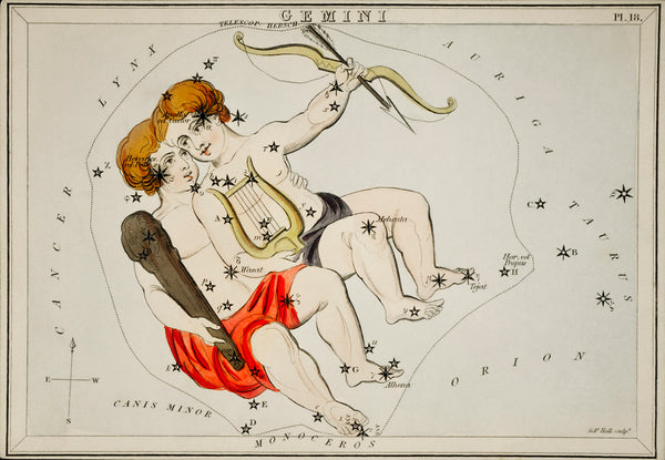 Astronomical chart illustration of the Gemini Zodiac (1831) by Sidney Hall