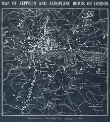 Map of zeppelin and aeroplane bombs on London from World War I (1919) by Herbert Green