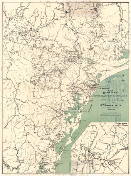 Newcastle & Region Wall Map by H E C Robinson 1929