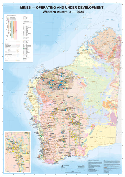 WA Operating and Under Development Mines 2024 700 x 1000mm Wall Map