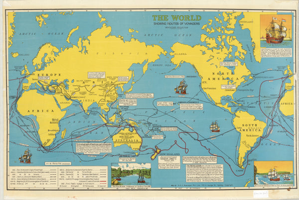 The World showing Routes of Explorers Historic Wall Map