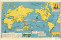 The World showing Routes of Explorers Historic Wall Map