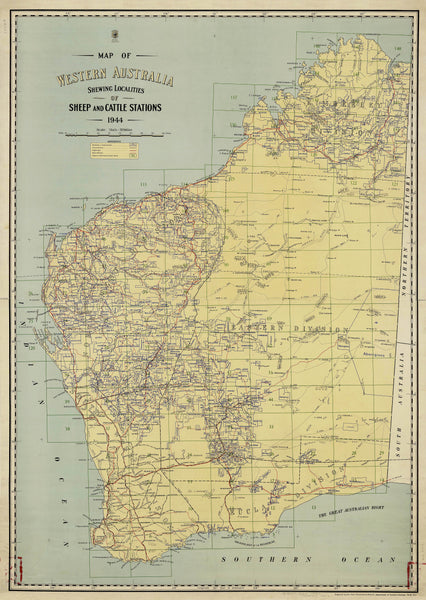 Western Australia Sheep & Cattle Stations Pastoral Lease Wall Map 1944