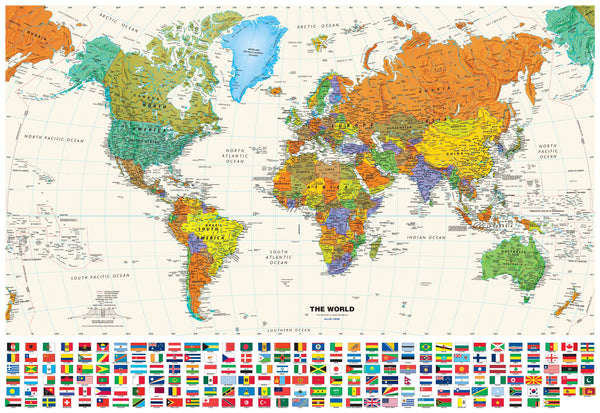 Contemporary World Wall Map with Flags  1270 x 876mm