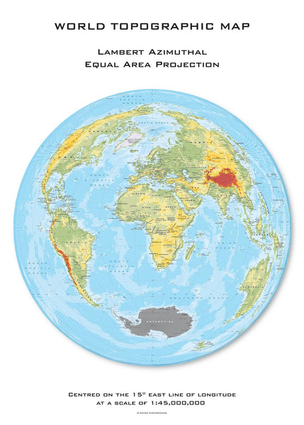 World Topographic Hexagons centred on 15° East Wall Map 594 x 841mm